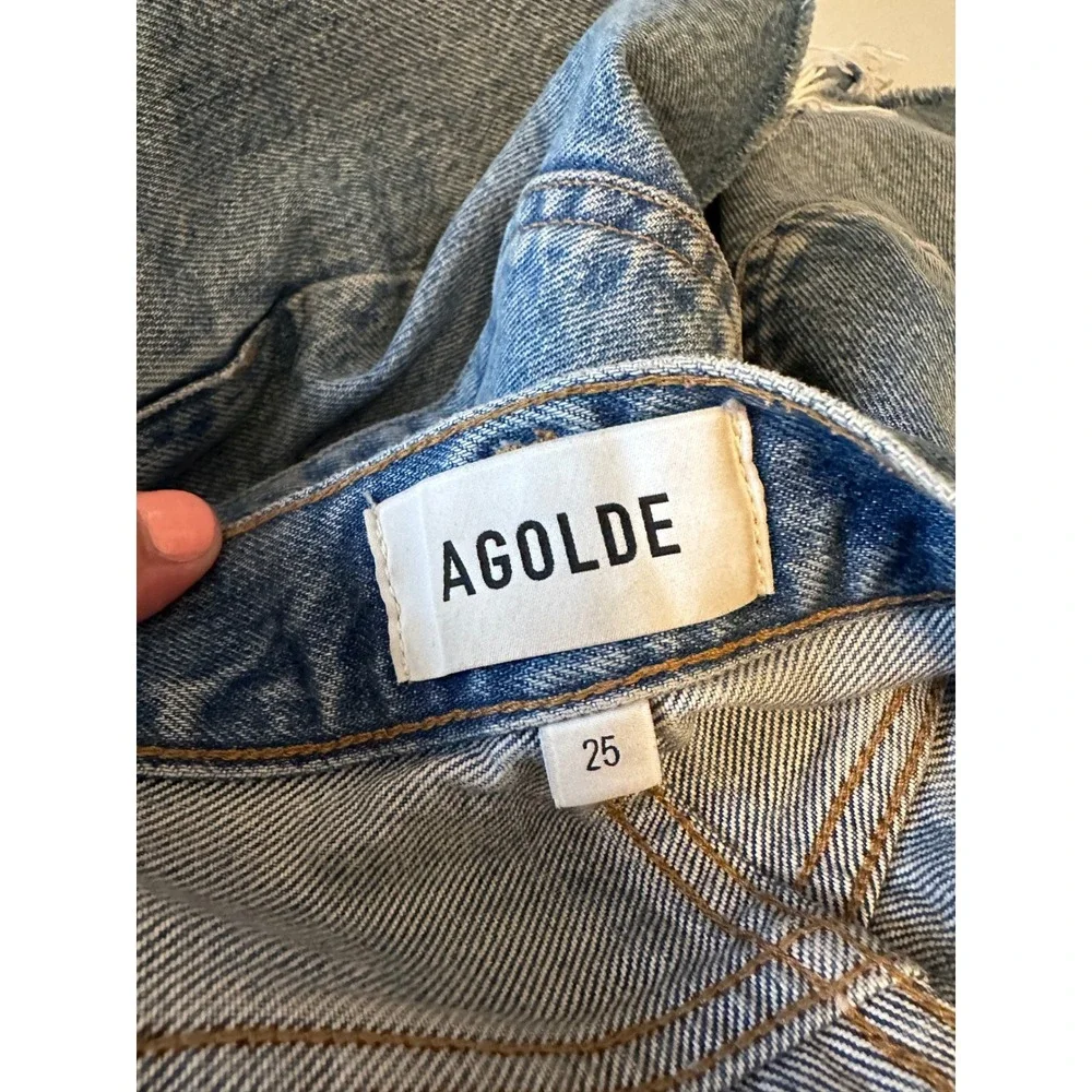 AGOLDE Parker Long High Rise Denim Jean Shorts in Medium Wash Blue | Size 25